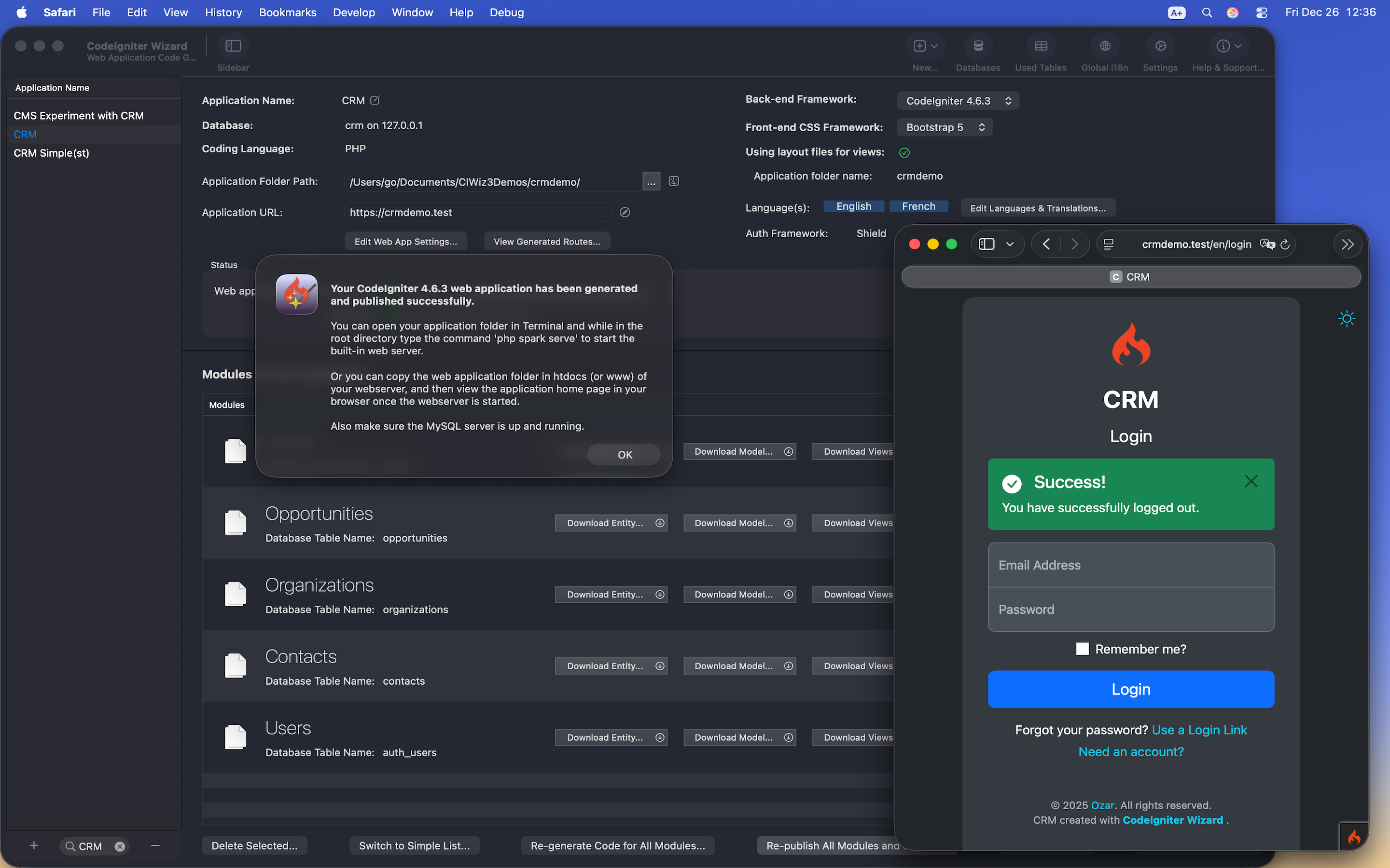 CodeIgniter Wizard publishing a CodeIgniter 4.6.3 CRM with Shield authentication, next to the generated login screen running in Safari