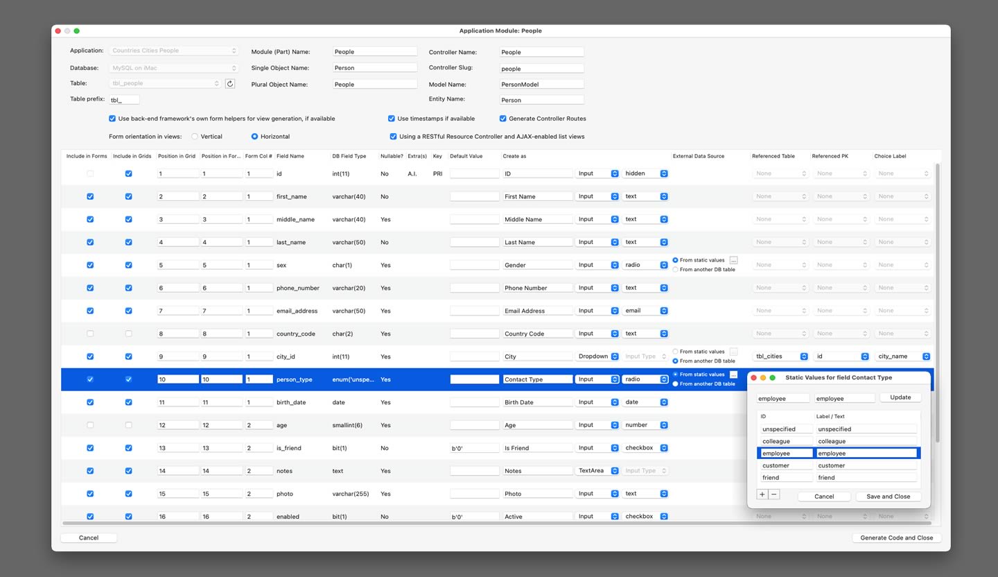 CodeIgniter Wizard's Application Module editor: every database column with its form control, grid position, validation and external data source