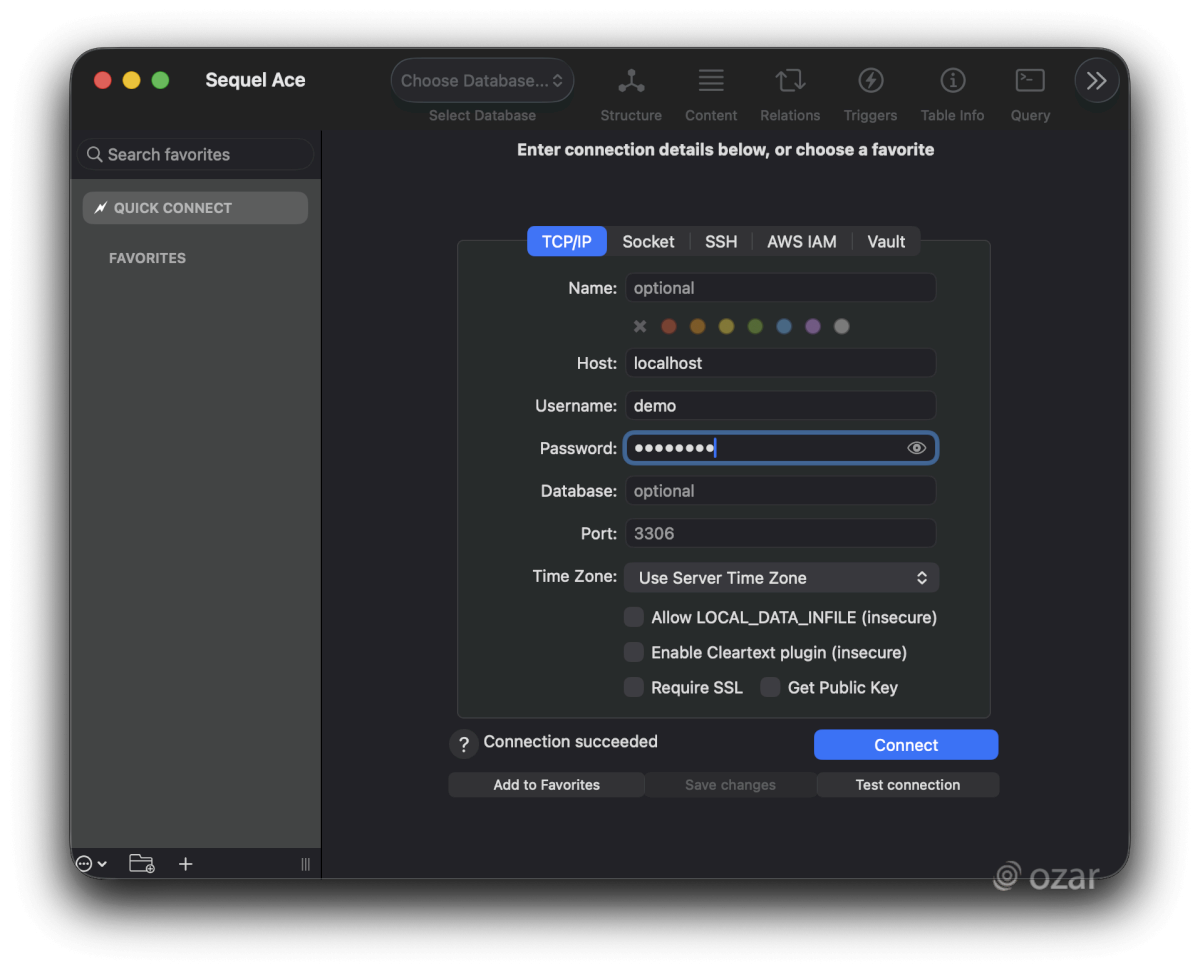 Connecting to the MySQL database in Sequel Ace